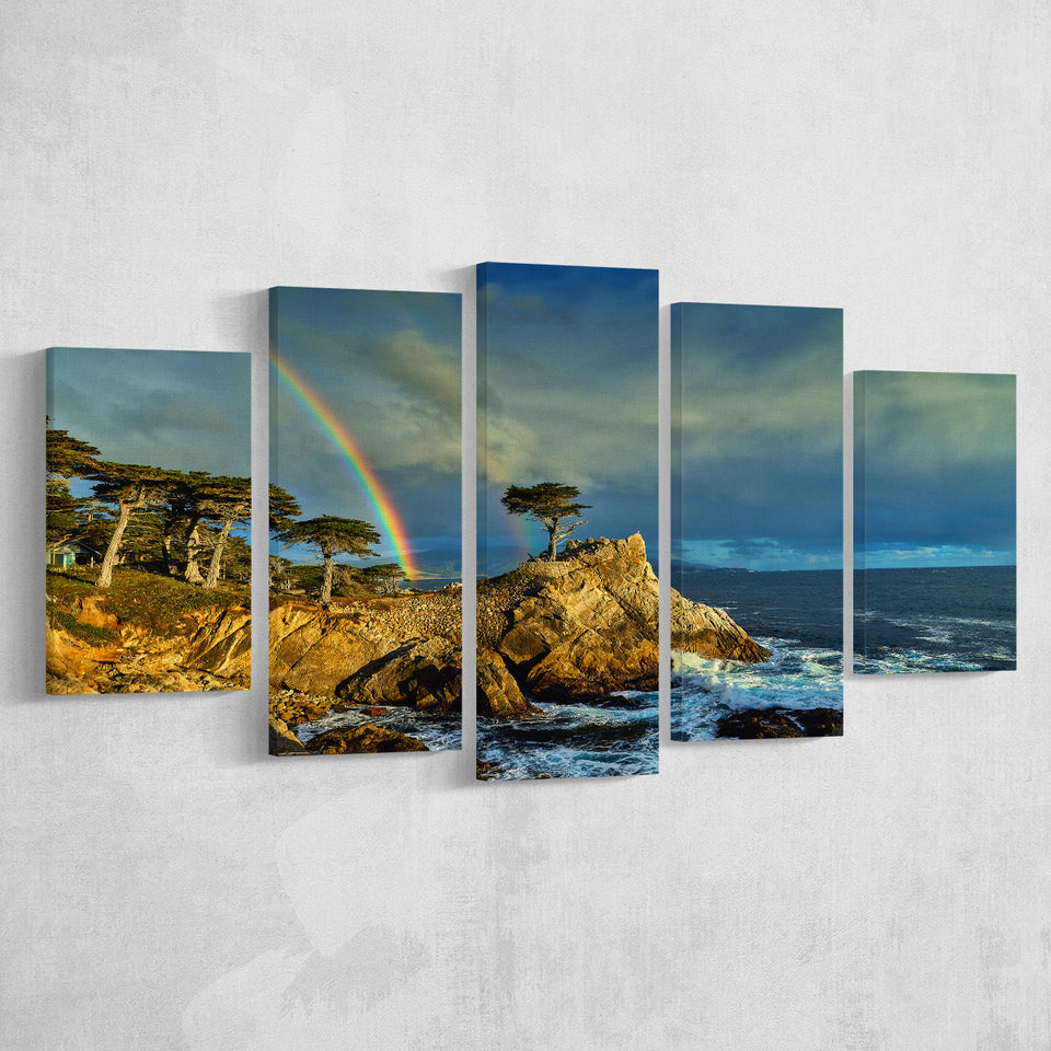 Pebble Beach Golf Links Lone Cypress Pot Of Gold, Pebble Beach, California, Golf Art Print, 5 Panels Canvas Prints Wall Art