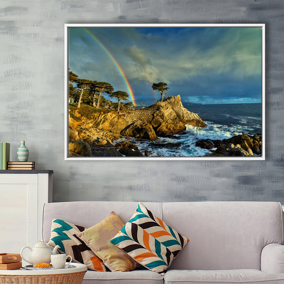 Pebble Beach Golf Links Lone Cypress Pot Of Gold, Pebble Beach, California, Framed Canvas Prints Wall Art Decor, Floating Frame
