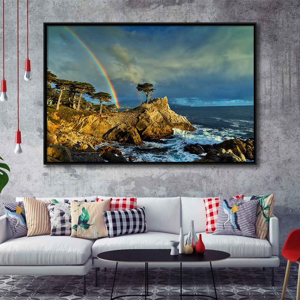Pebble Beach Golf Links Lone Cypress Pot Of Gold, Pebble Beach, California, Framed Canvas Prints Wall Art Decor, Floating Frame