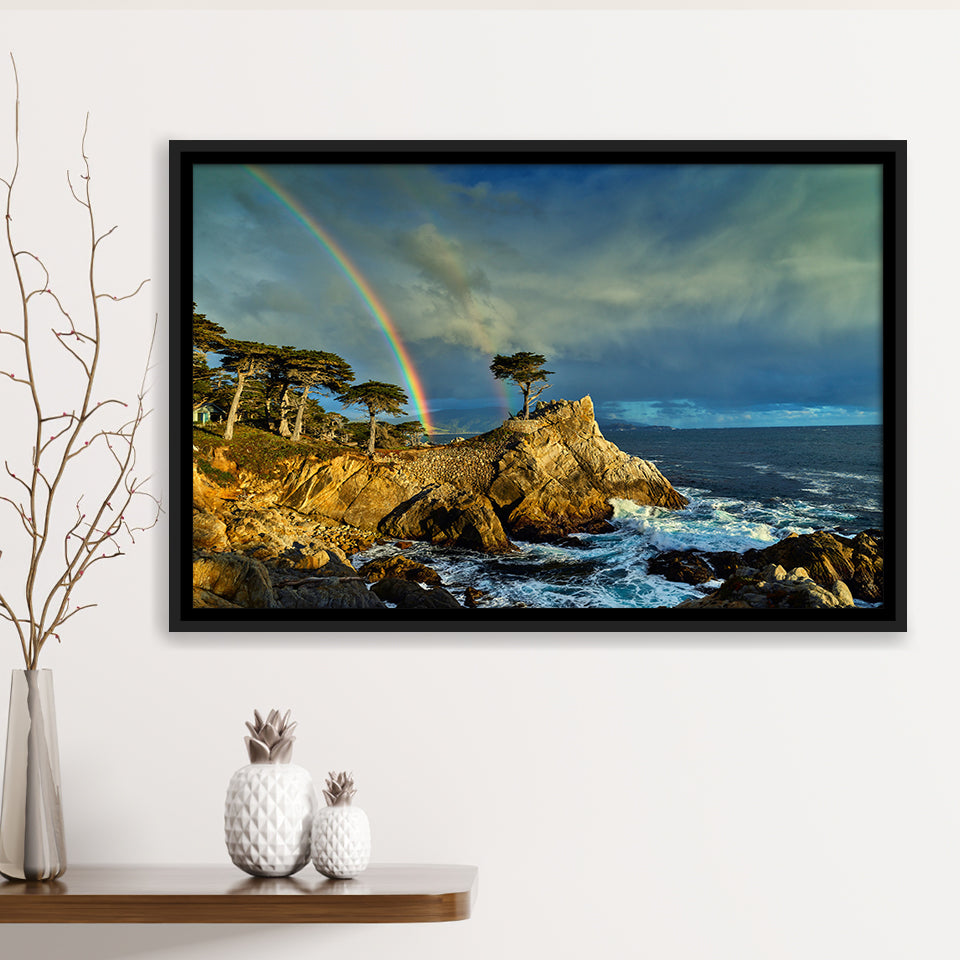 Pebble Beach Golf Links Lone Cypress Pot Of Gold, Pebble Beach, California, Framed Canvas Prints Wall Art Decor, Floating Frame