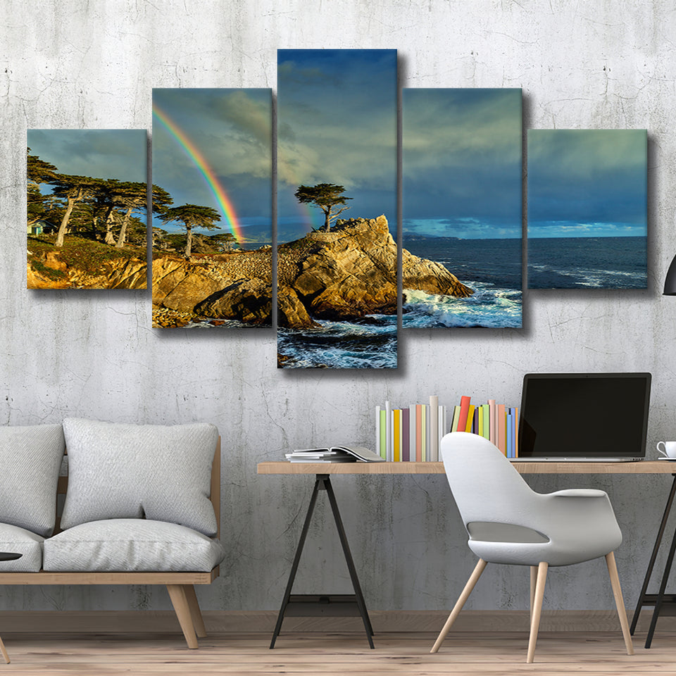 Pebble Beach Golf Links Lone Cypress Pot Of Gold, Pebble Beach, California, Golf Art Print, 5 Panels Canvas Prints Wall Art