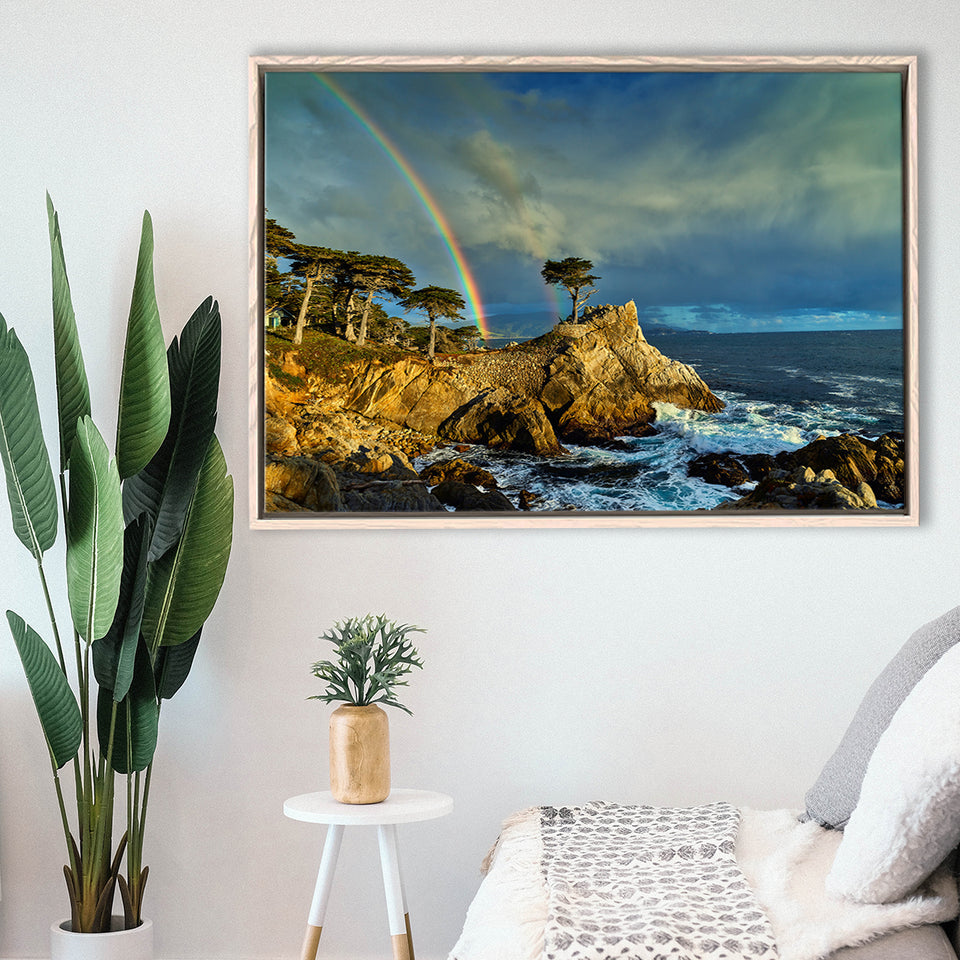 Pebble Beach Golf Links Lone Cypress Pot Of Gold, Pebble Beach, California, Framed Canvas Prints Wall Art Decor, Floating Frame