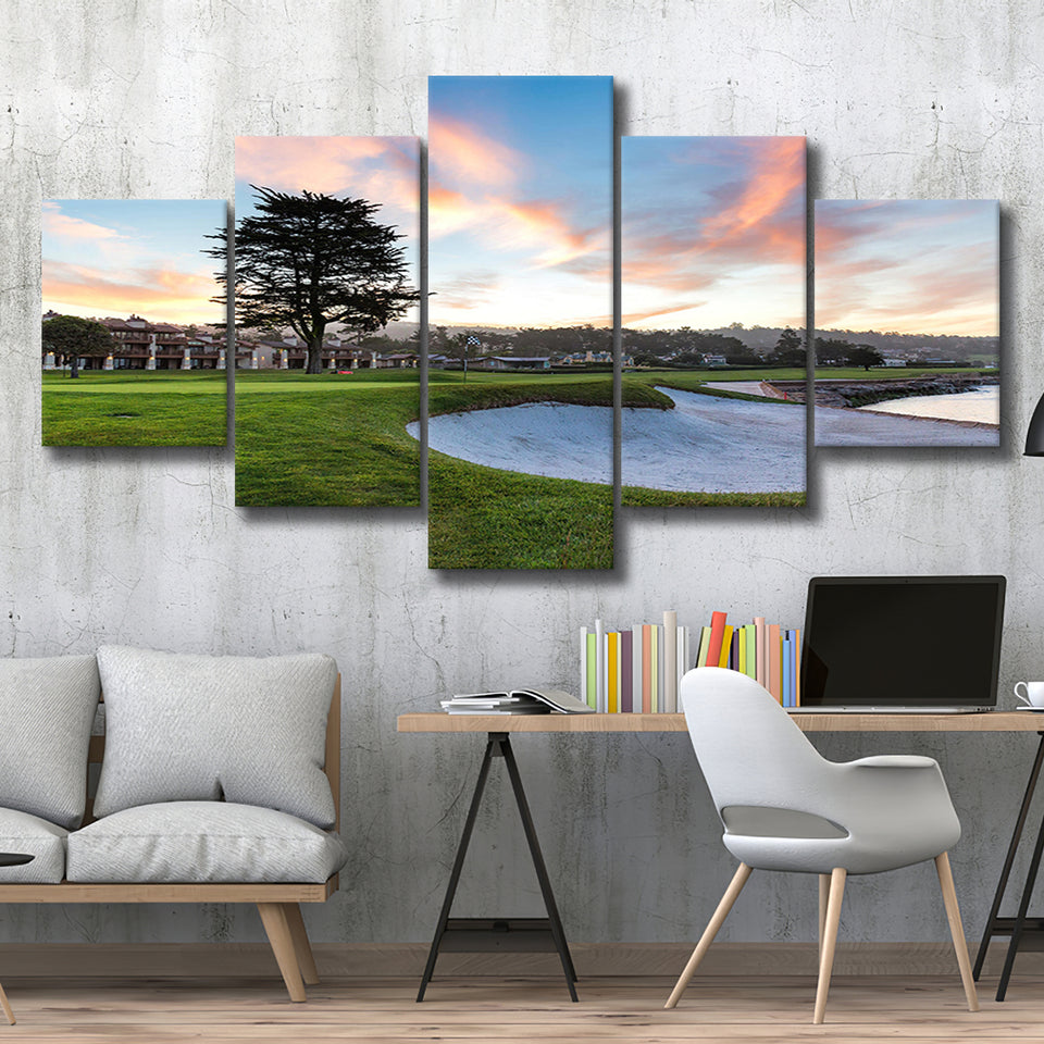 Pebble Beach Golf Resort, Hole 18, Golf Art Print, 5 Panels Canvas Prints Wall Art Decor