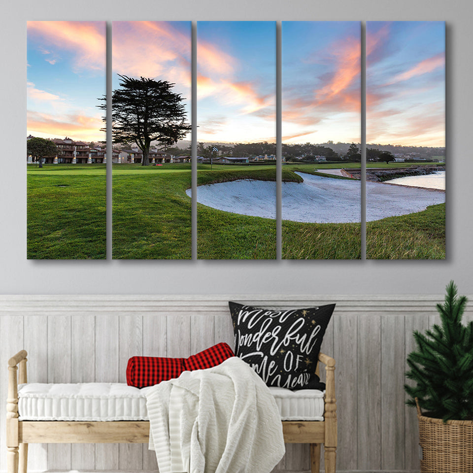 Pebble Beach Golf Resort, Hole 18, 5 Panels Extra Large Canvas Prints Wall Art Decor
