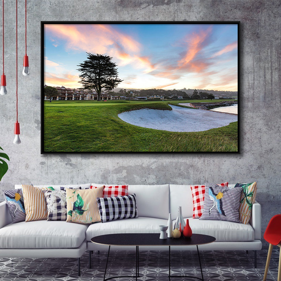 Pebble Beach Golf Resort, Hole 18, Golf Art Print, Framed Canvas Prints Wall Art Decor, Floating Frame