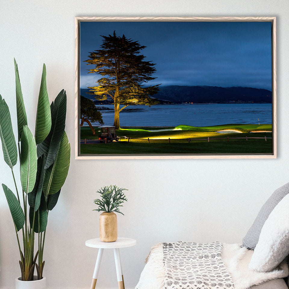 Pebble Beach Golf Resort, Hole 18 At Night, Golf Art Print, Framed Canvas Prints Wall Art Decor, Floating Frame