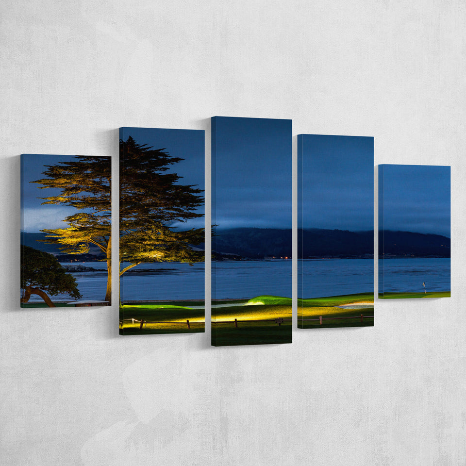 Pebble Beach Golf Resort, Hole 18 At Night, Golf Art Print, 5 Panels Canvas Prints Wall Art Decor