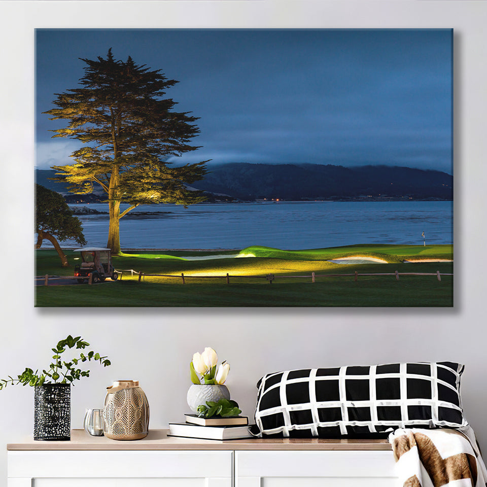 Pebble Beach Golf Resort, Hole 18 At Night, Golf Art Print, Golf Lover, Canvas Prints Wall Art Decor