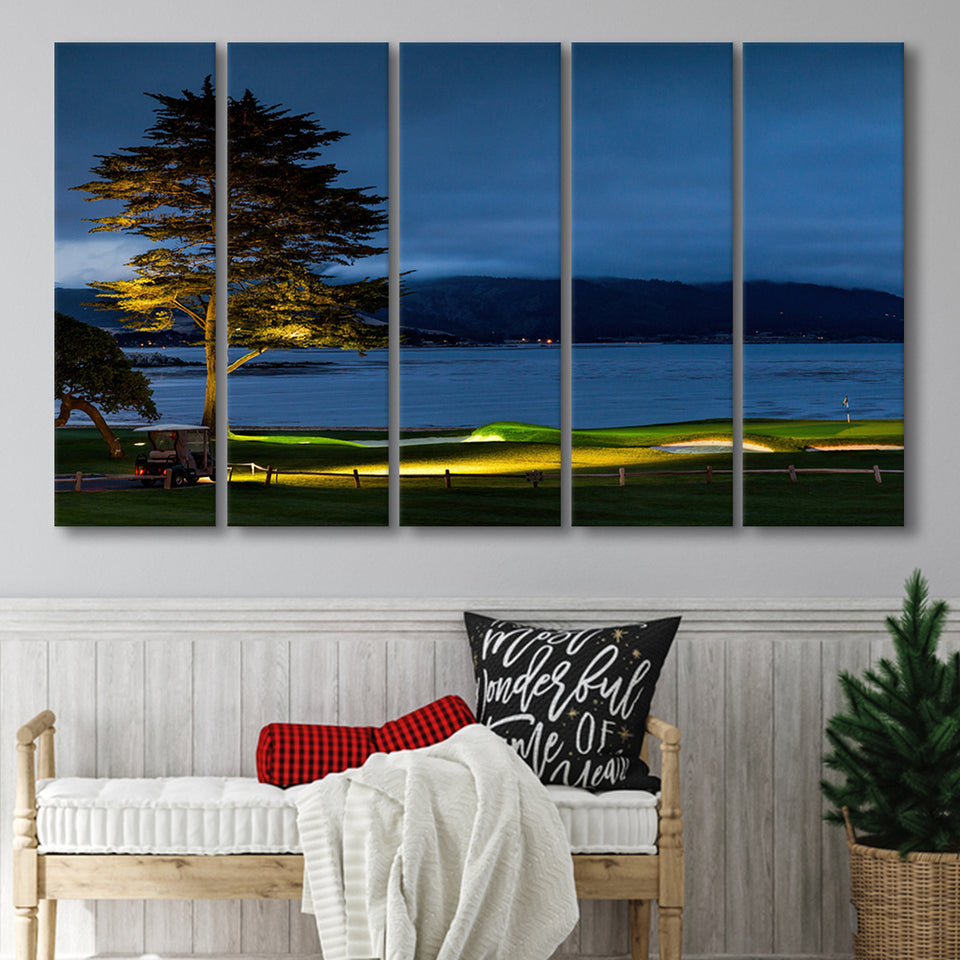 Pebble Beach Golf Resort, Hole 18 At Night, 5 Panels Extra Large Canvas Prints Wall Art Decor