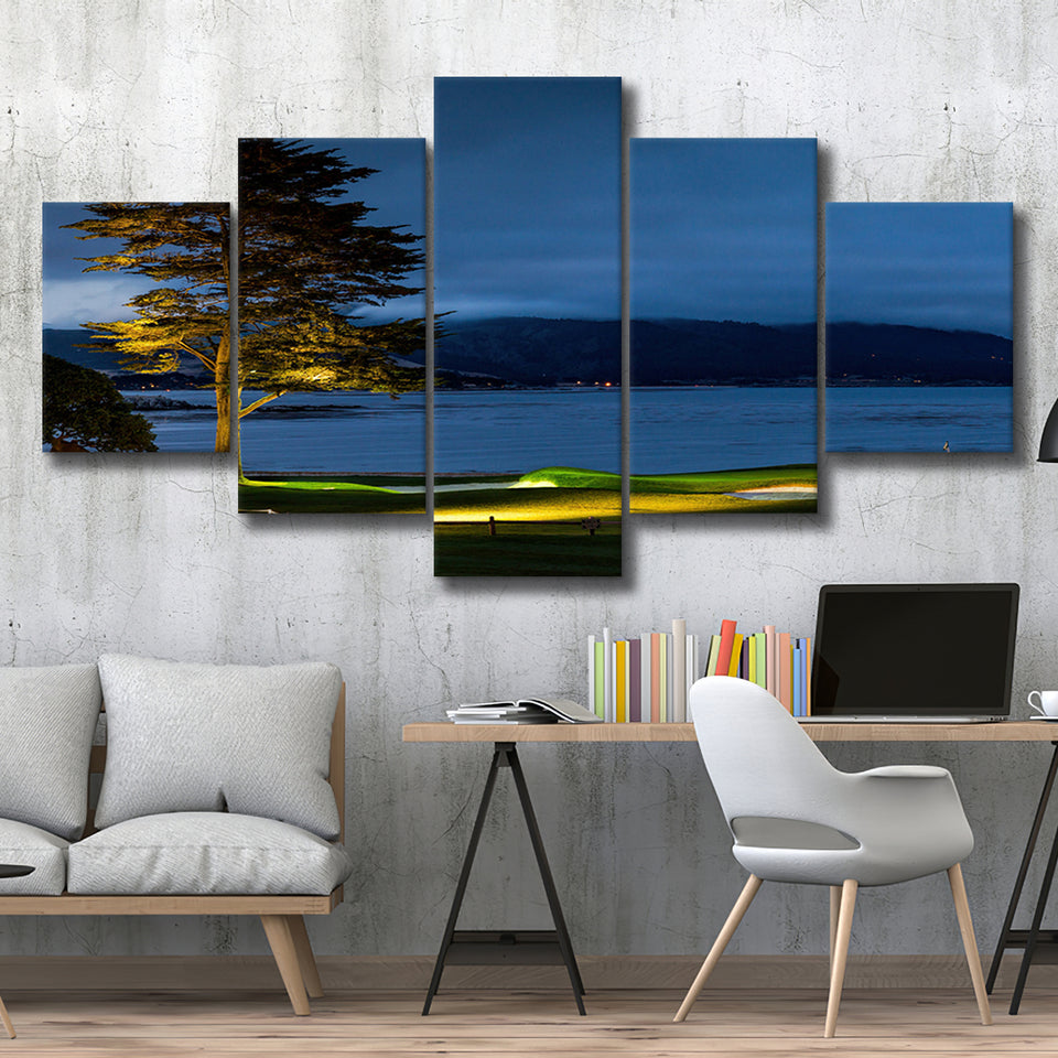Pebble Beach Golf Resort, Hole 18 At Night, Golf Art Print, 5 Panels Canvas Prints Wall Art Decor