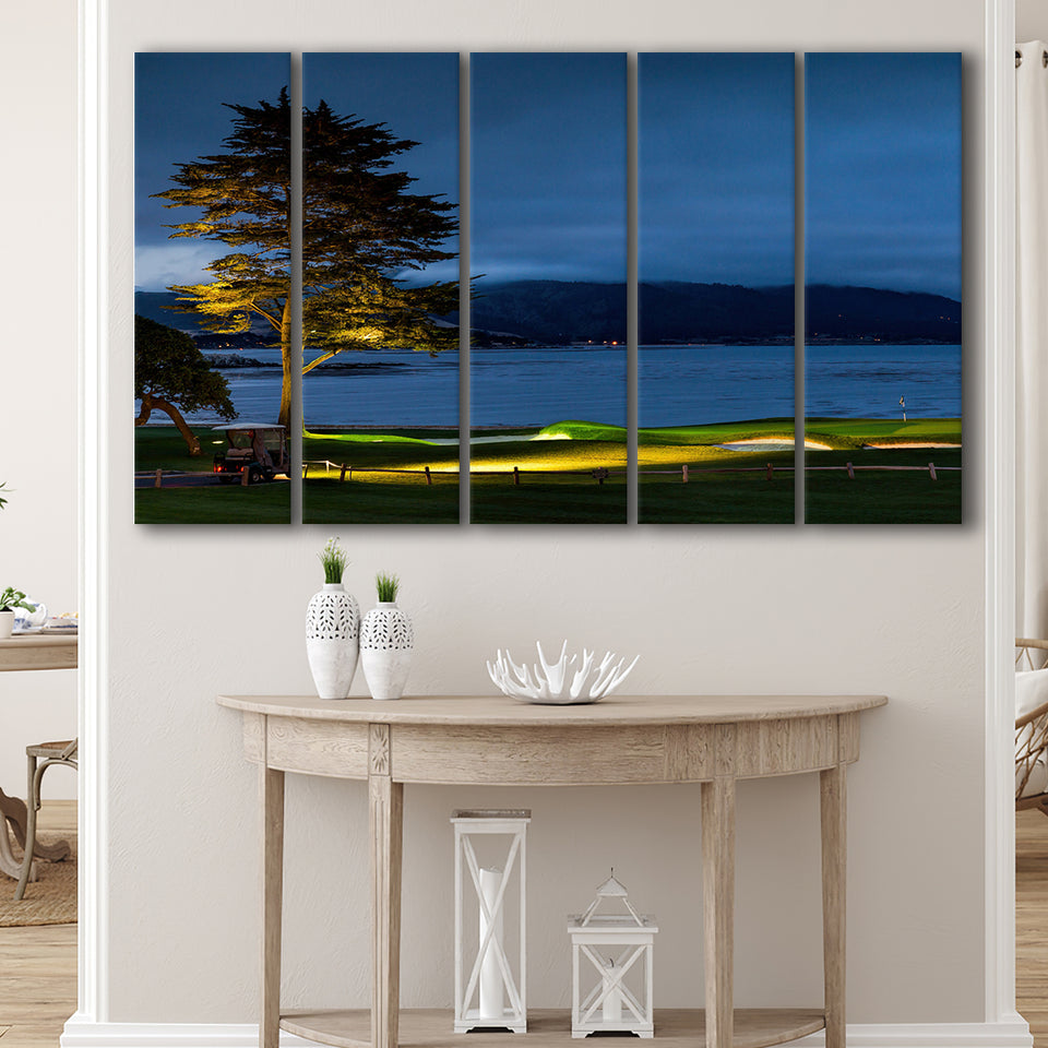 Pebble Beach Golf Resort, Hole 18 At Night, 5 Panels Extra Large Canvas Prints Wall Art Decor