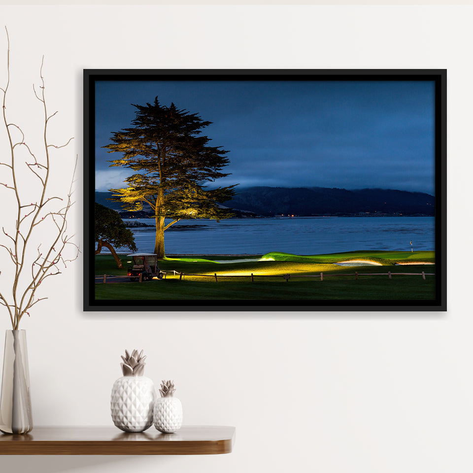 Pebble Beach Golf Resort, Hole 18 At Night, Golf Art Print, Framed Canvas Prints Wall Art Decor, Floating Frame