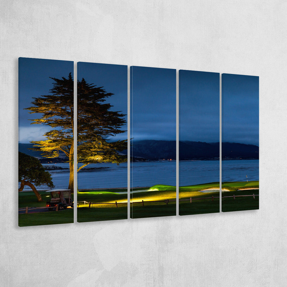 Pebble Beach Golf Resort, Hole 18 At Night, 5 Panels Extra Large Canvas Prints Wall Art Decor