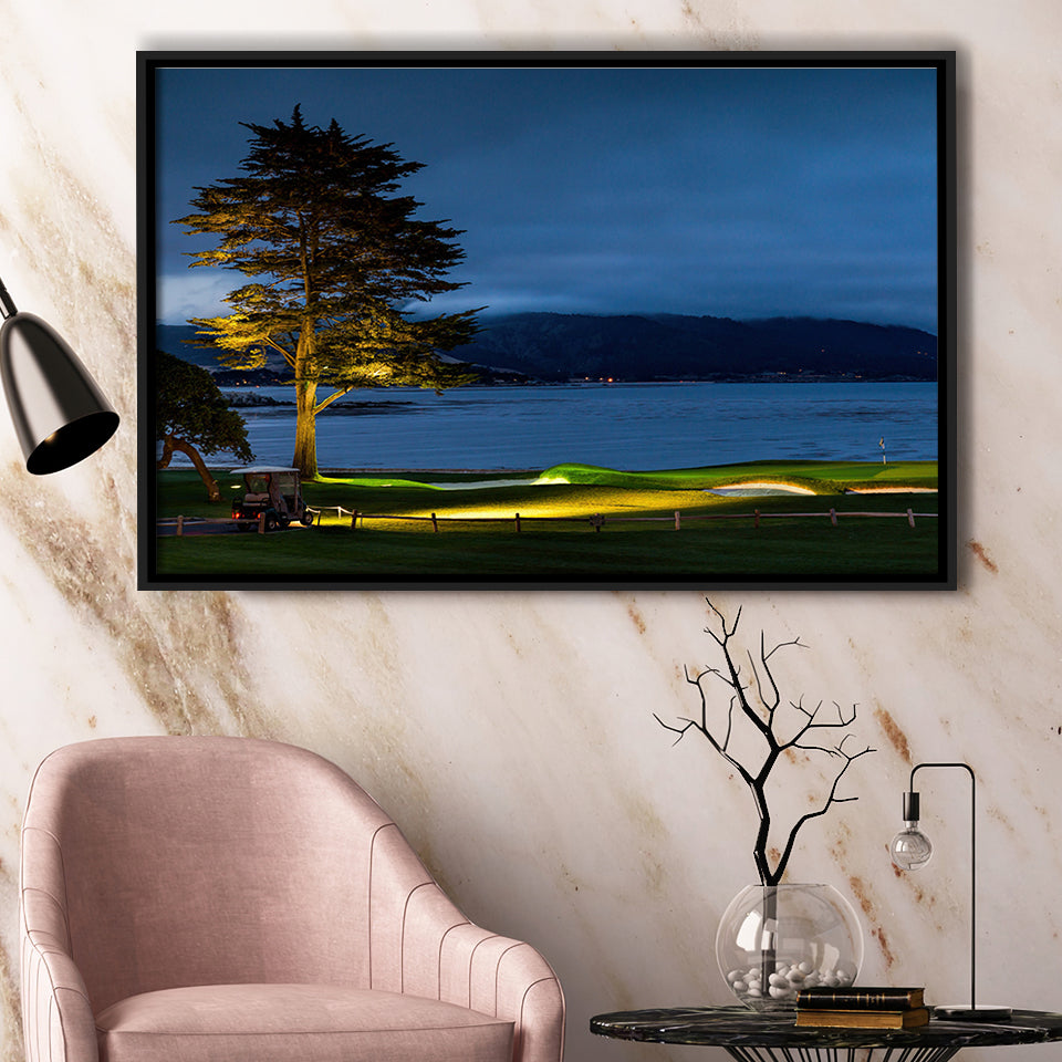 Pebble Beach Golf Resort, Hole 18 At Night, Golf Art Print, Framed Canvas Prints Wall Art Decor, Floating Frame