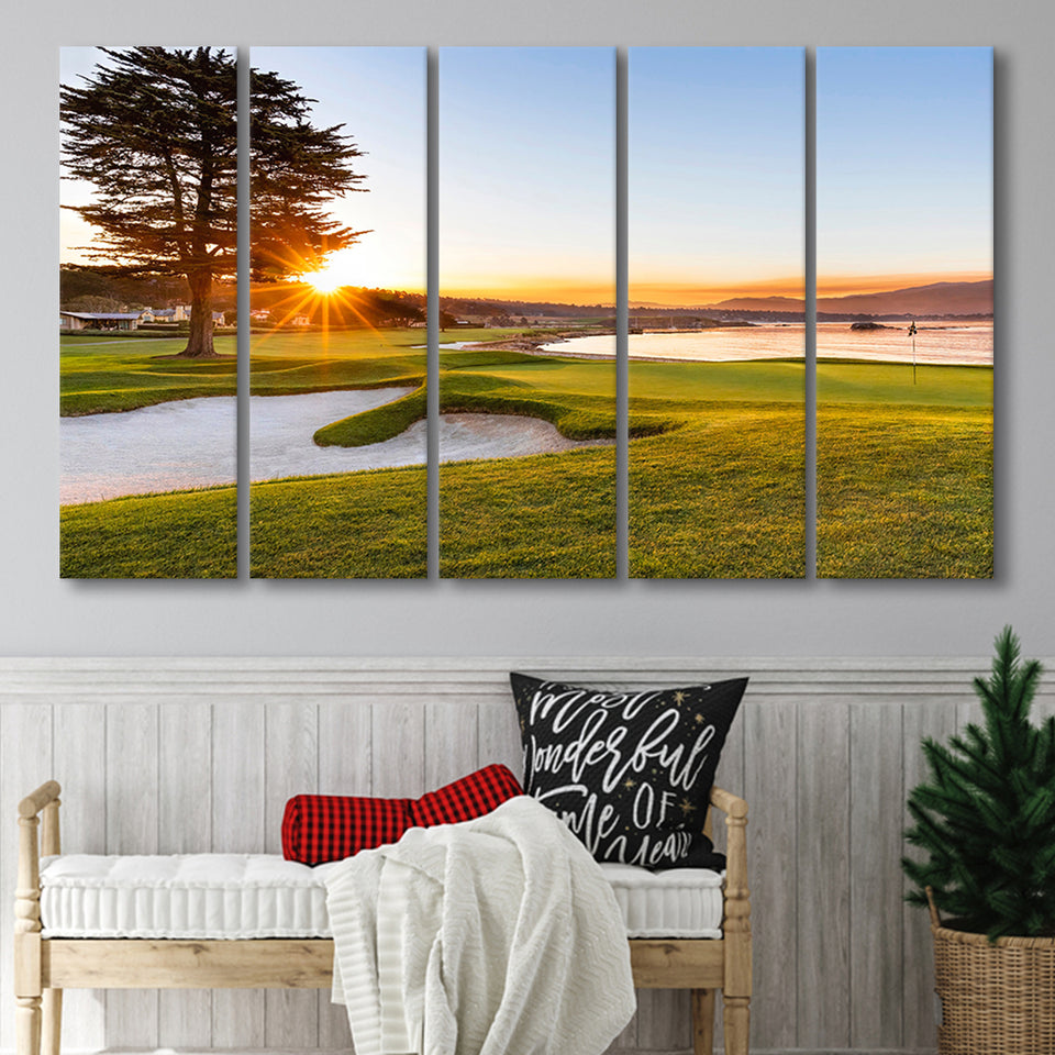 Pebble Beach Golf Resort, Sunrise On Hole 18, 5 Panels Extra Large Canvas Prints Wall Art Decor