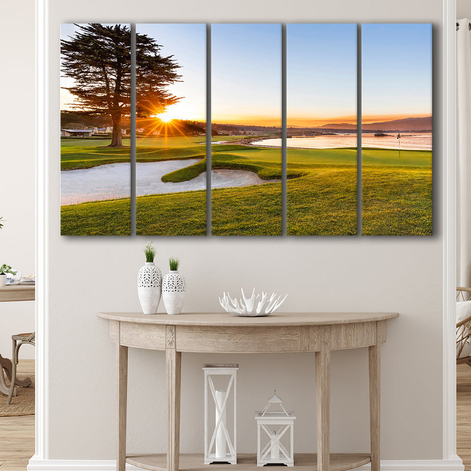 Pebble Beach Golf Resort, Sunrise On Hole 18, 5 Panels Extra Large Canvas Prints Wall Art Decor
