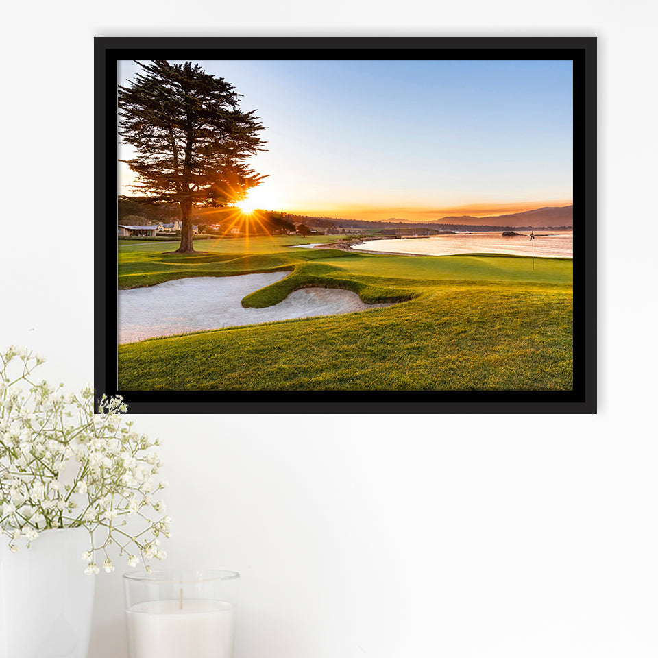 Pebble Beach Golf Resort, Sunrise On Hole 18, Golf Art Print, Framed Canvas Prints Wall Art Decor, Floating Frame