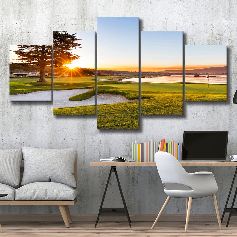 Pebble Beach Golf Resort, Sunrise On Hole 18, Golf Art Print, 5 Panels Canvas Prints Wall Art Decor
