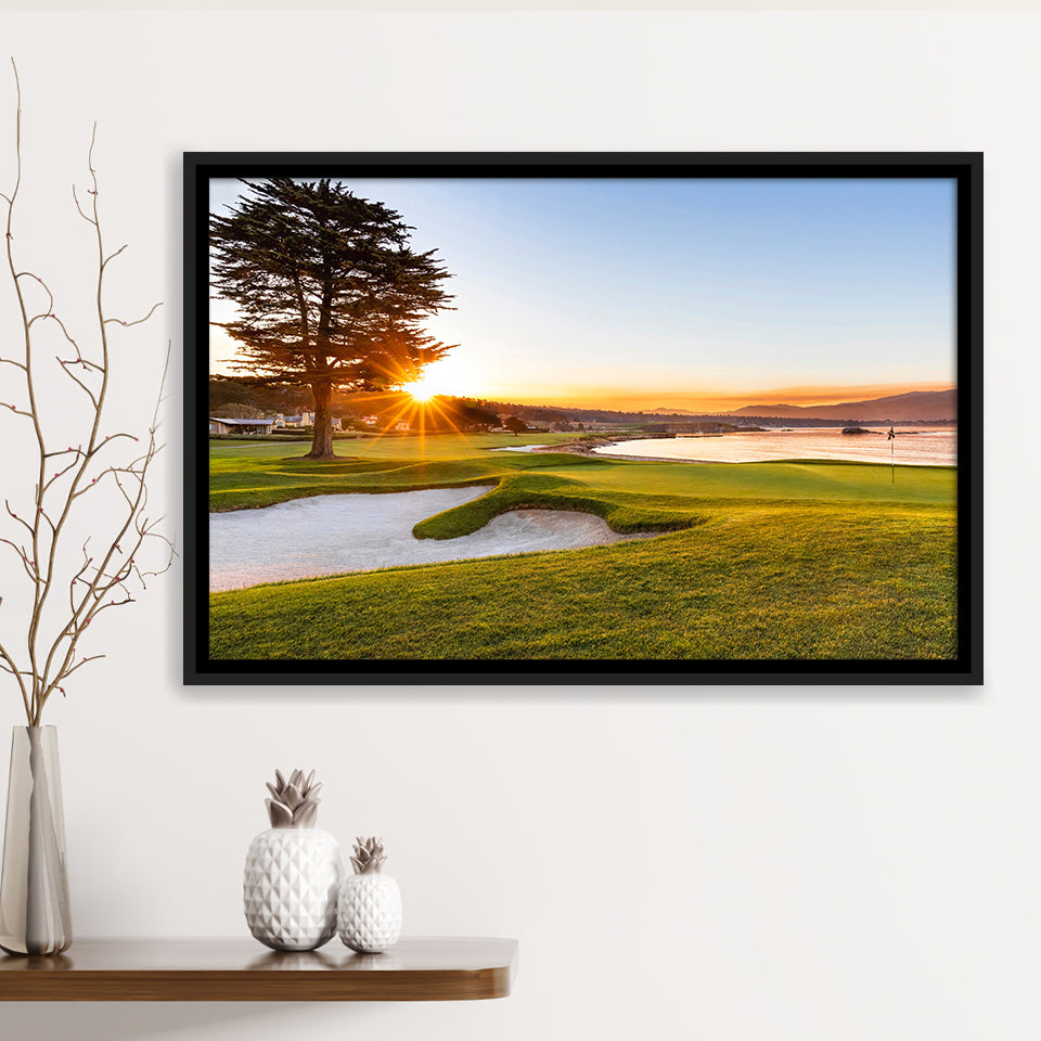 Pebble Beach Golf Resort, Sunrise On Hole 18, Golf Art Print, Framed Canvas Prints Wall Art Decor, Floating Frame