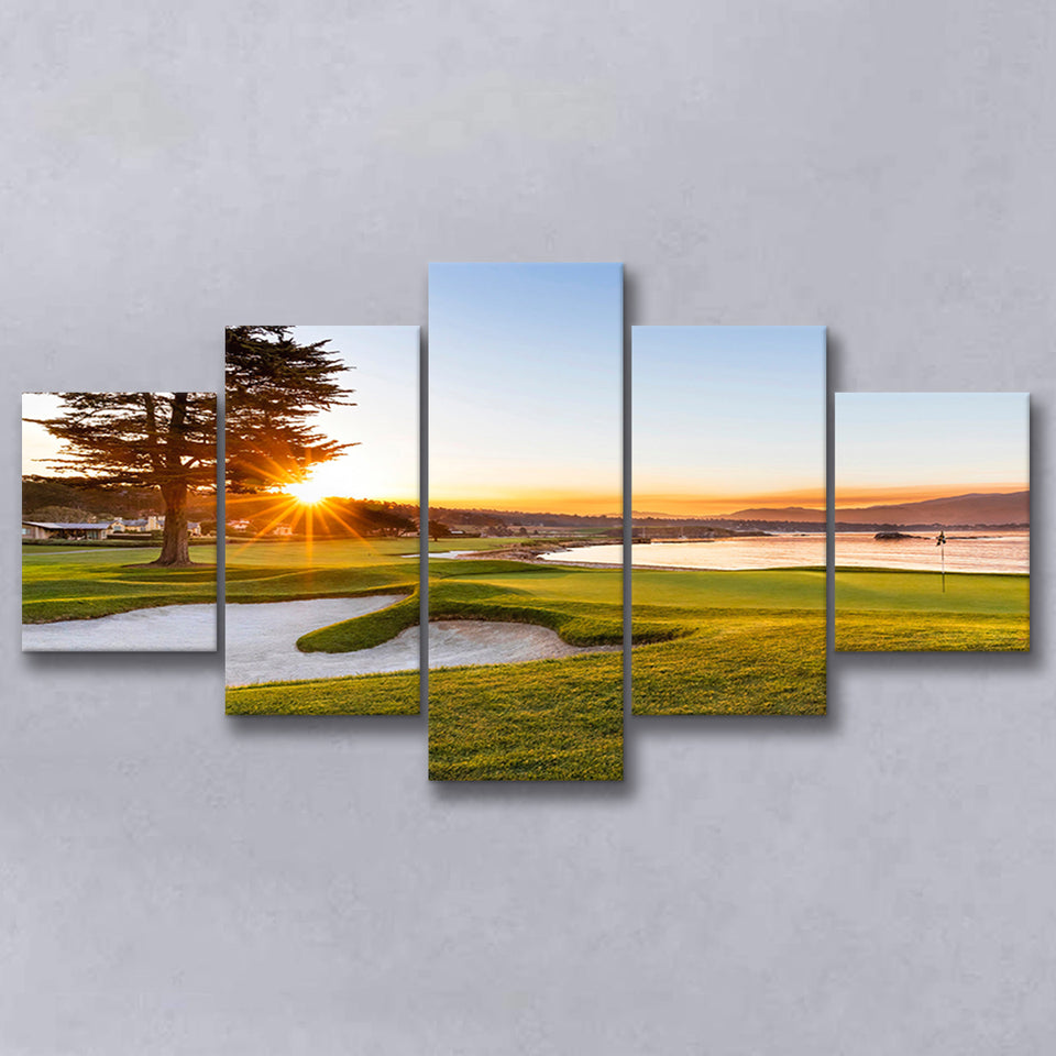 Pebble Beach Golf Resort, Sunrise On Hole 18, Golf Art Print, 5 Panels Canvas Prints Wall Art Decor