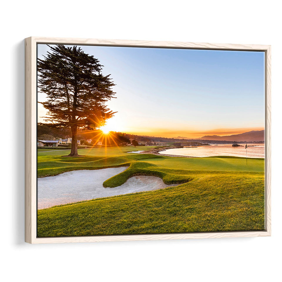 Pebble Beach Golf Resort, Sunrise On Hole 18, Golf Art Print, Framed Canvas Prints Wall Art Decor, Floating Frame