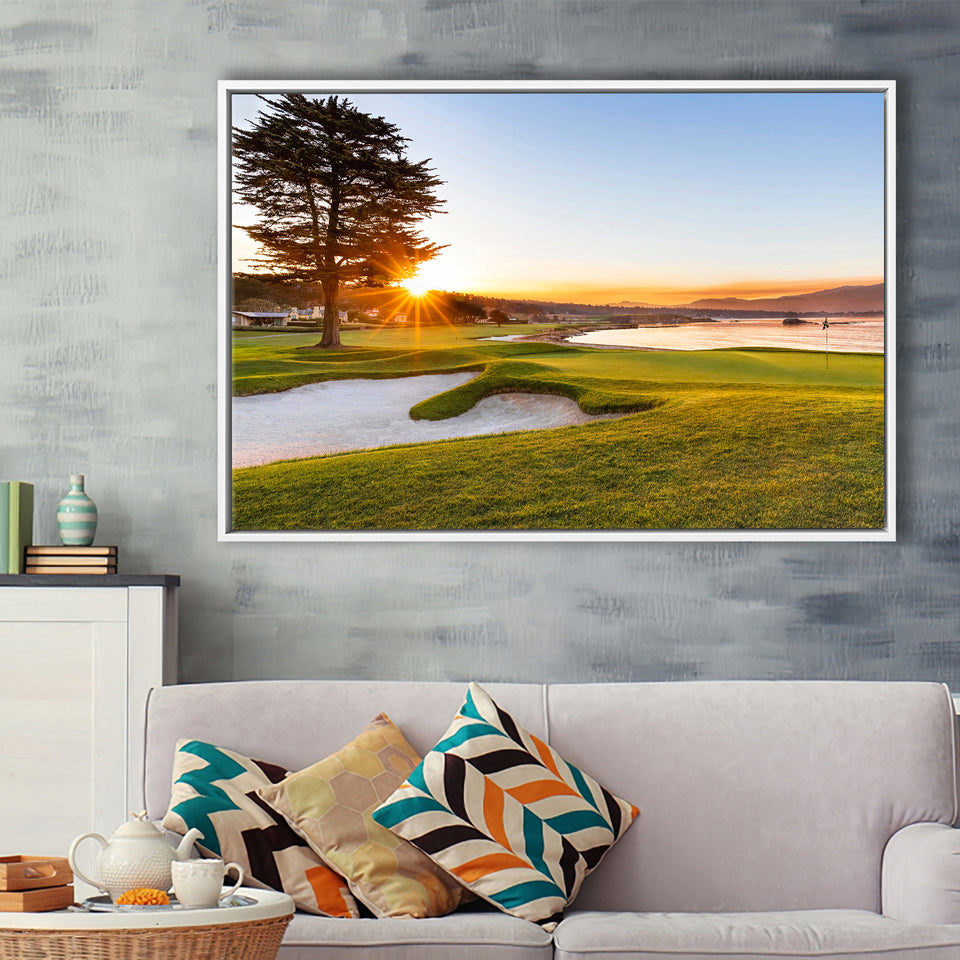 Pebble Beach Golf Resort, Sunrise On Hole 18, Golf Art Print, Framed Canvas Prints Wall Art Decor, Floating Frame