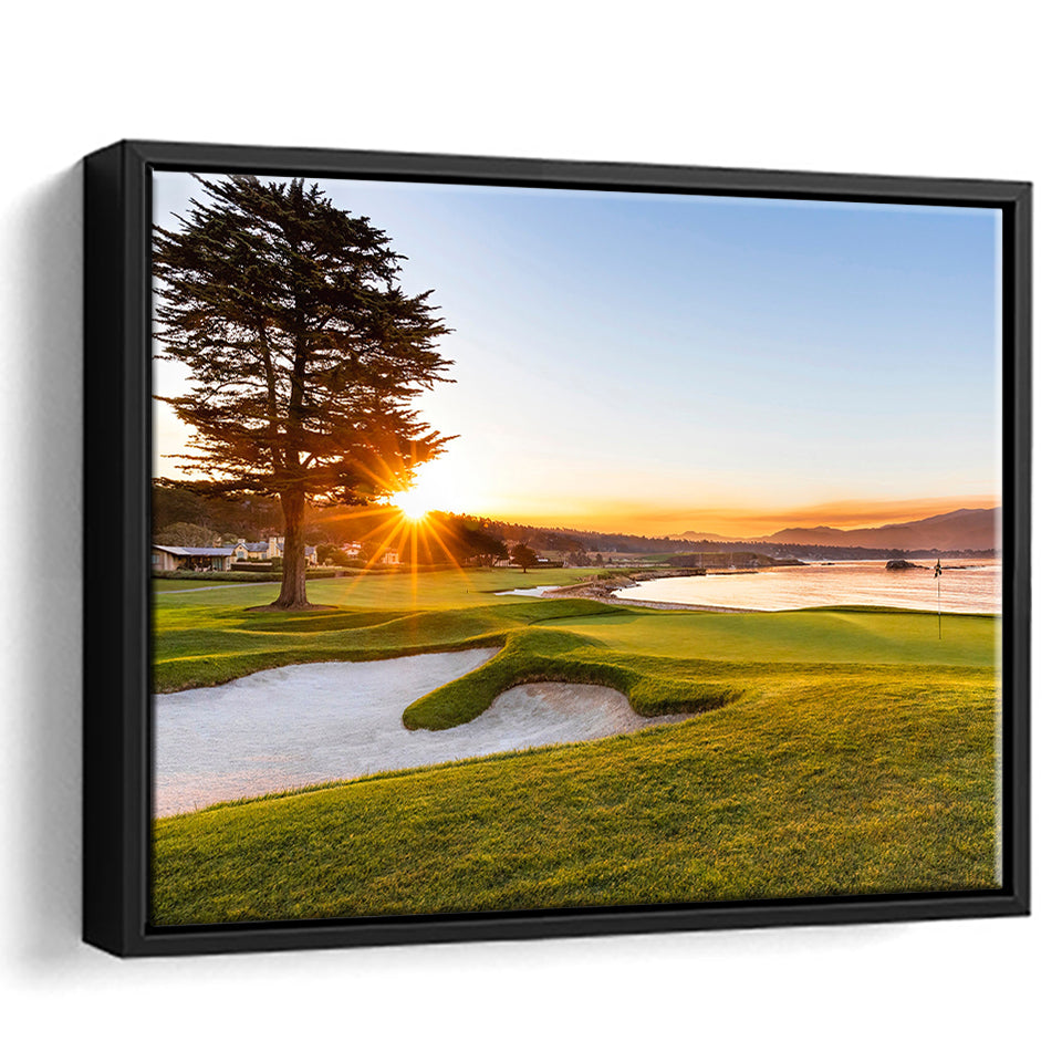 Pebble Beach Golf Resort, Sunrise On Hole 18, Golf Art Print, Framed Canvas Prints Wall Art Decor, Floating Frame