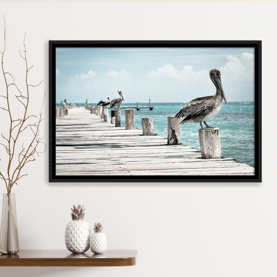 Pelicans Bird Prints Pelican Bird Framed Canvas Prints Wall Art Home Decor - Painting Canvas, Black Frame, Framed Picture