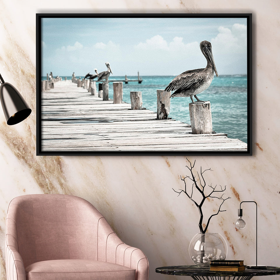 Pelicans Bird Prints Pelican Bird Framed Canvas Prints Wall Art Home Decor - Painting Canvas, Black Frame, Framed Picture