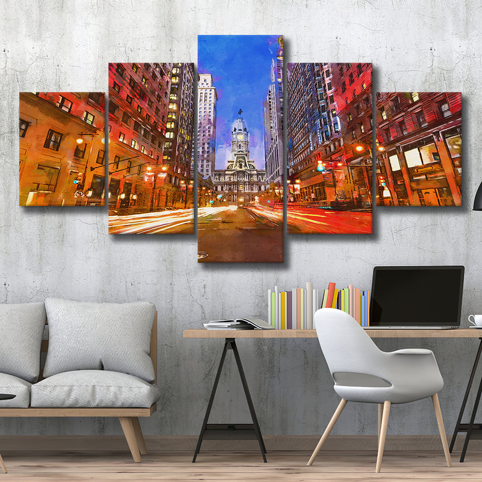 Philadelphia Pennsylvania Usa Downtown City Hall 5 Pieces Mixed Canvas Prints Wall Art Home Decor