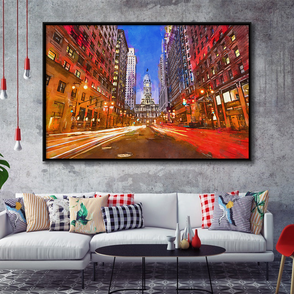 Philadelphia Pennsylvania Usa Downtown City Hall City Art Watercolor Framed Canvas Prints Wall Art Home Decor,Floating Frame