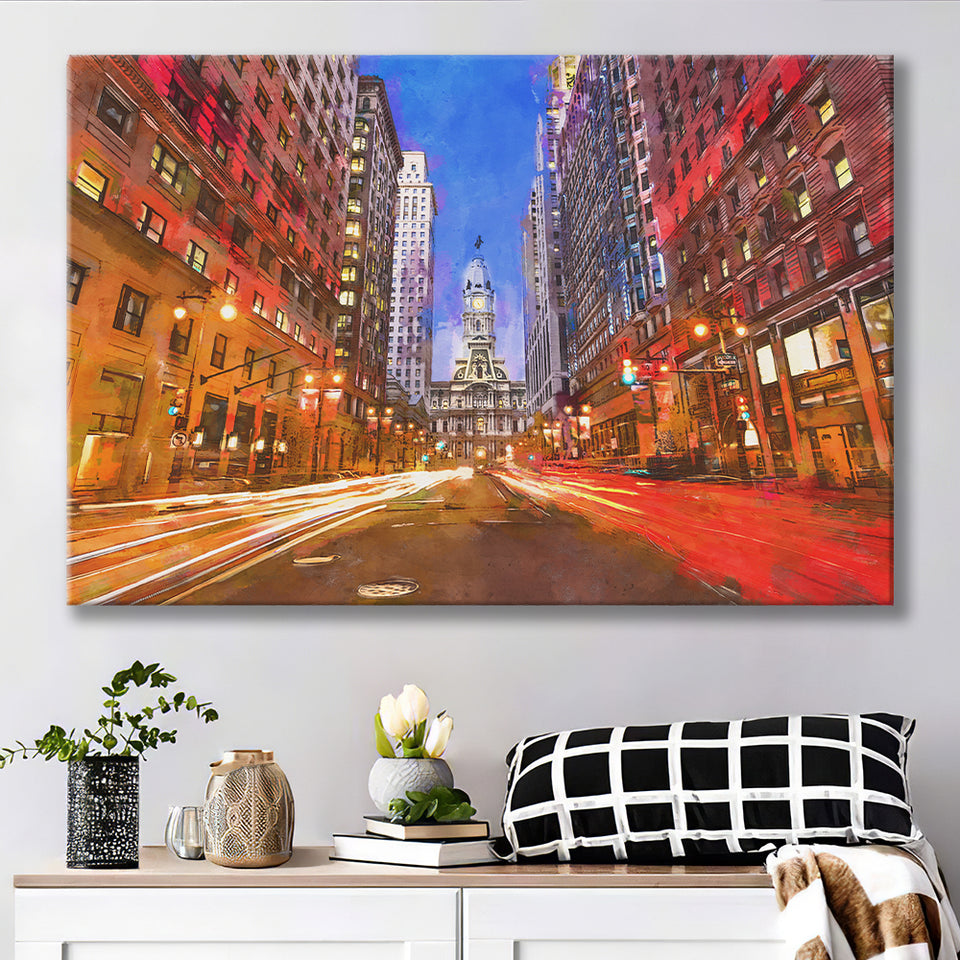 Philadelphia Pennsylvania Usa Downtown City Hall City Art Watercolor Canvas Prints Wall Art Home Decor, Large Canvas