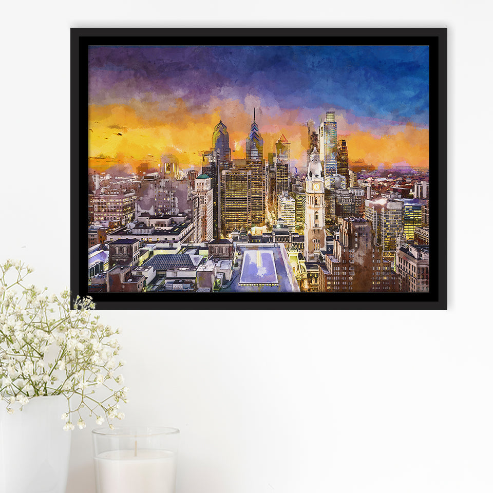 Philadelphia Pennsylvania Usa Downtown City Skyline City Art Watercolor Framed Canvas Prints Wall Art Home Decor,Floating Frame