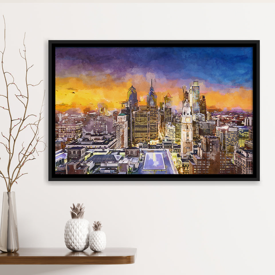 Philadelphia Pennsylvania Usa Downtown City Skyline City Art Watercolor Framed Canvas Prints Wall Art Home Decor,Floating Frame