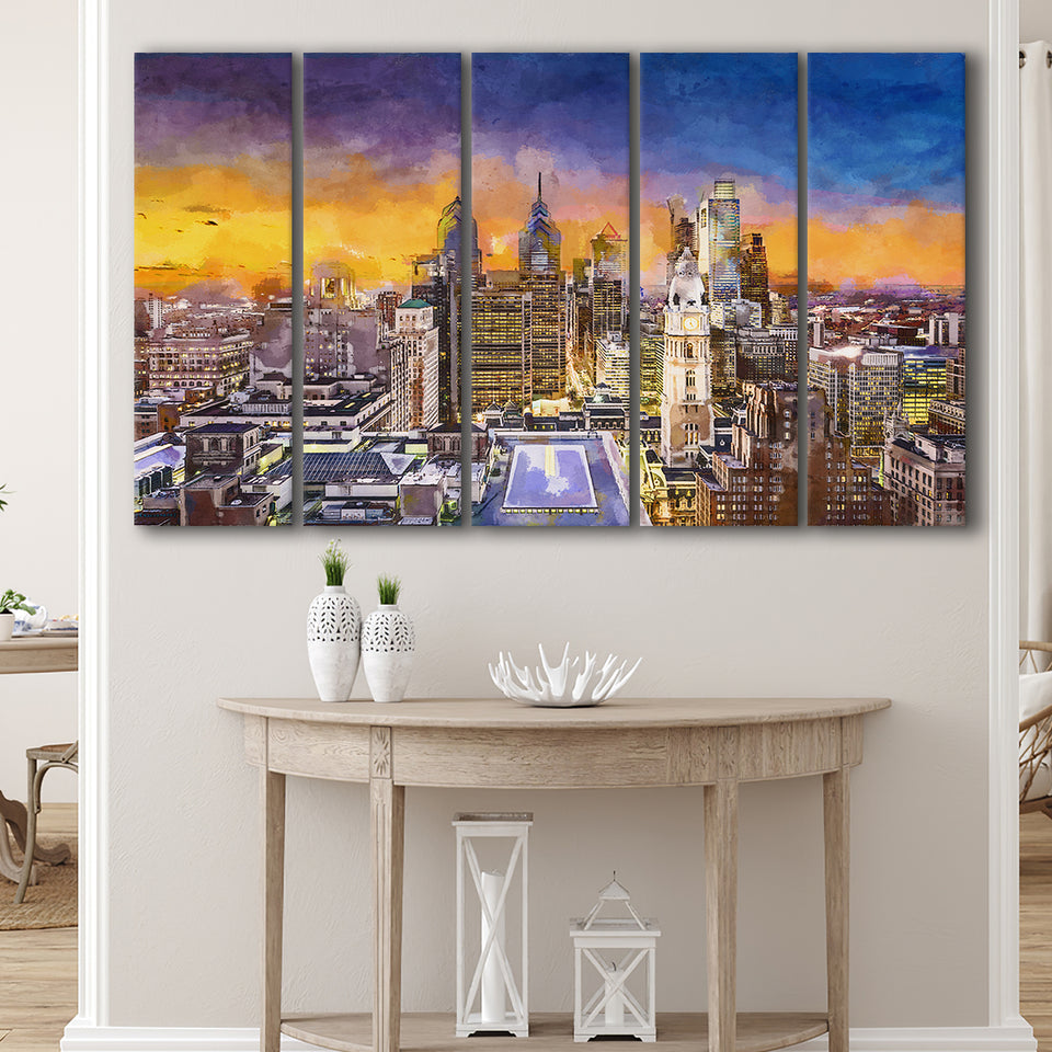 Philadelphia Pennsylvania Usa Downtown City Skyline 5 Pieces Extra Large Canvas Prints Wall Art Home Decor