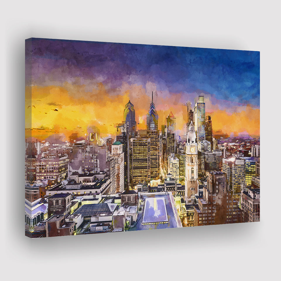 Philadelphia Pennsylvania Usa Downtown City Skyline City Art Watercolor Canvas Prints Wall Art Home Decor, Large Canvas