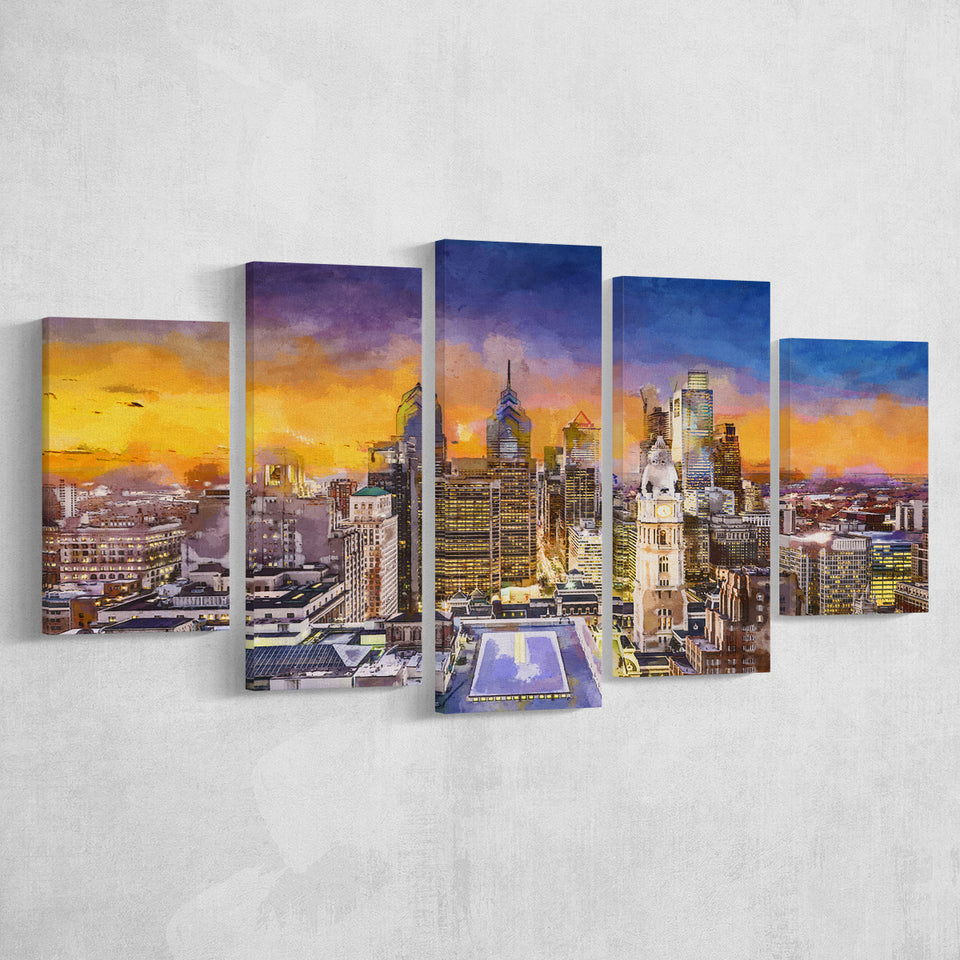 Philadelphia Pennsylvania Usa Downtown City Skyline 5 Pieces Mixed Canvas Prints Wall Art Home Decor