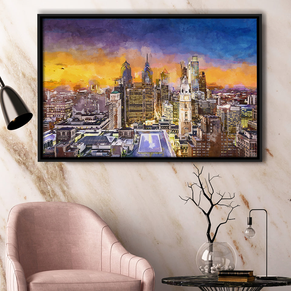 Philadelphia Pennsylvania Usa Downtown City Skyline City Art Watercolor Framed Canvas Prints Wall Art Home Decor,Floating Frame