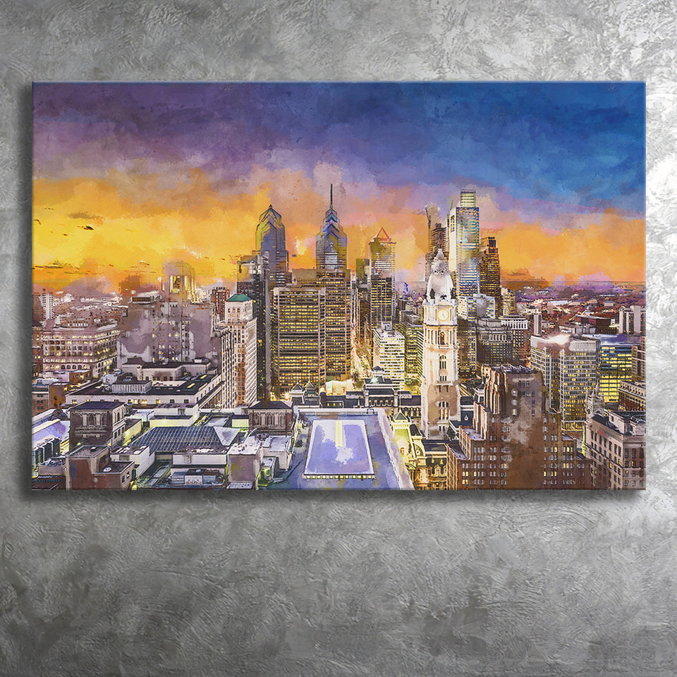 Philadelphia Pennsylvania Usa Downtown City Skyline City Art Watercolor Canvas Prints Wall Art Home Decor, Large Canvas