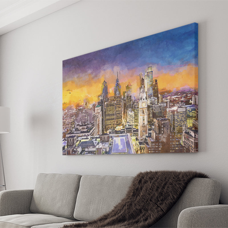 Philadelphia Pennsylvania Usa Downtown City Skyline City Art Watercolor Canvas Prints Wall Art Home Decor, Large Canvas