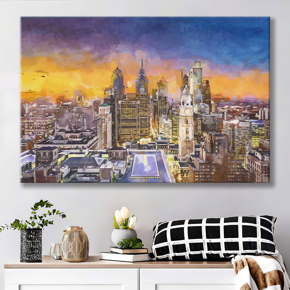 Philadelphia Pennsylvania Usa Downtown City Skyline City Art Watercolor Canvas Prints Wall Art Home Decor, Large Canvas