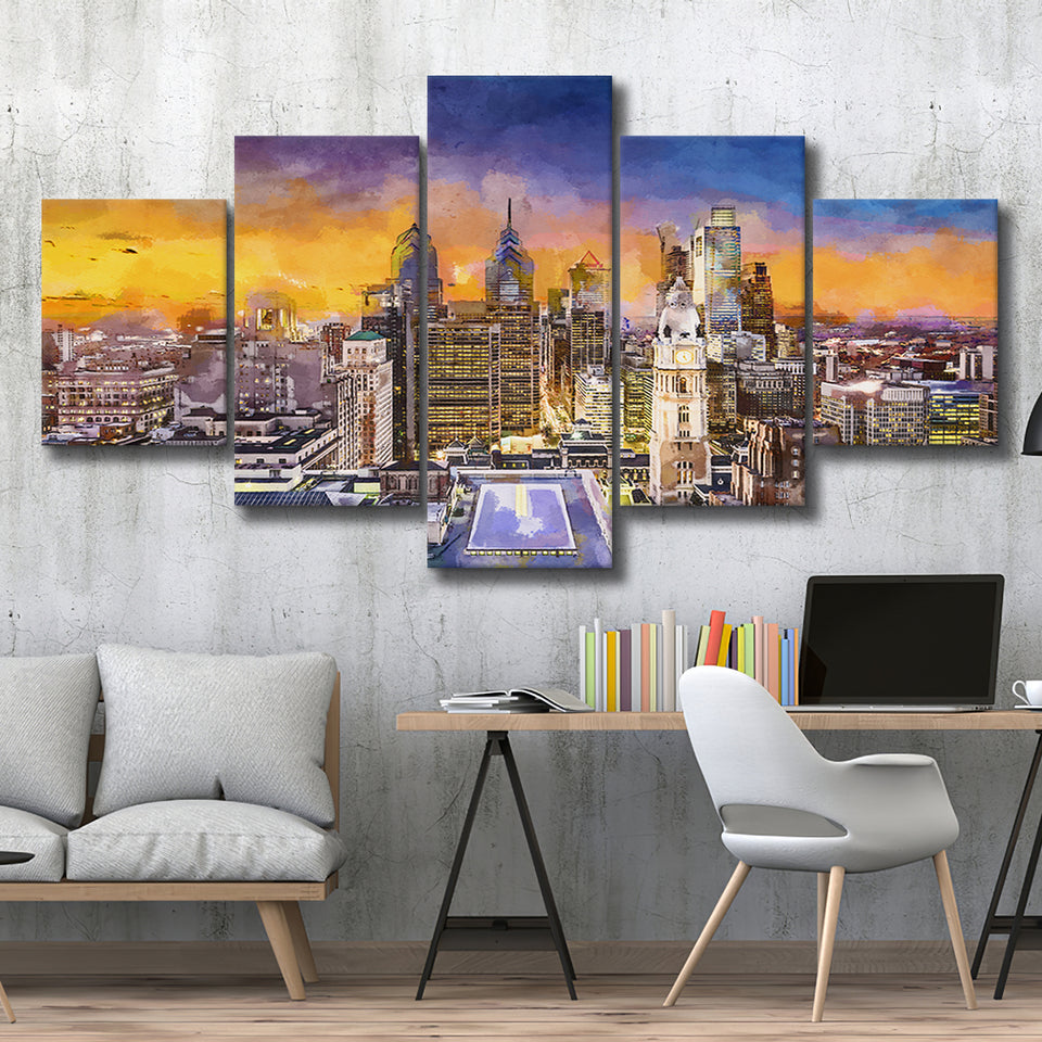 Philadelphia Pennsylvania Usa Downtown City Skyline 5 Pieces Mixed Canvas Prints Wall Art Home Decor