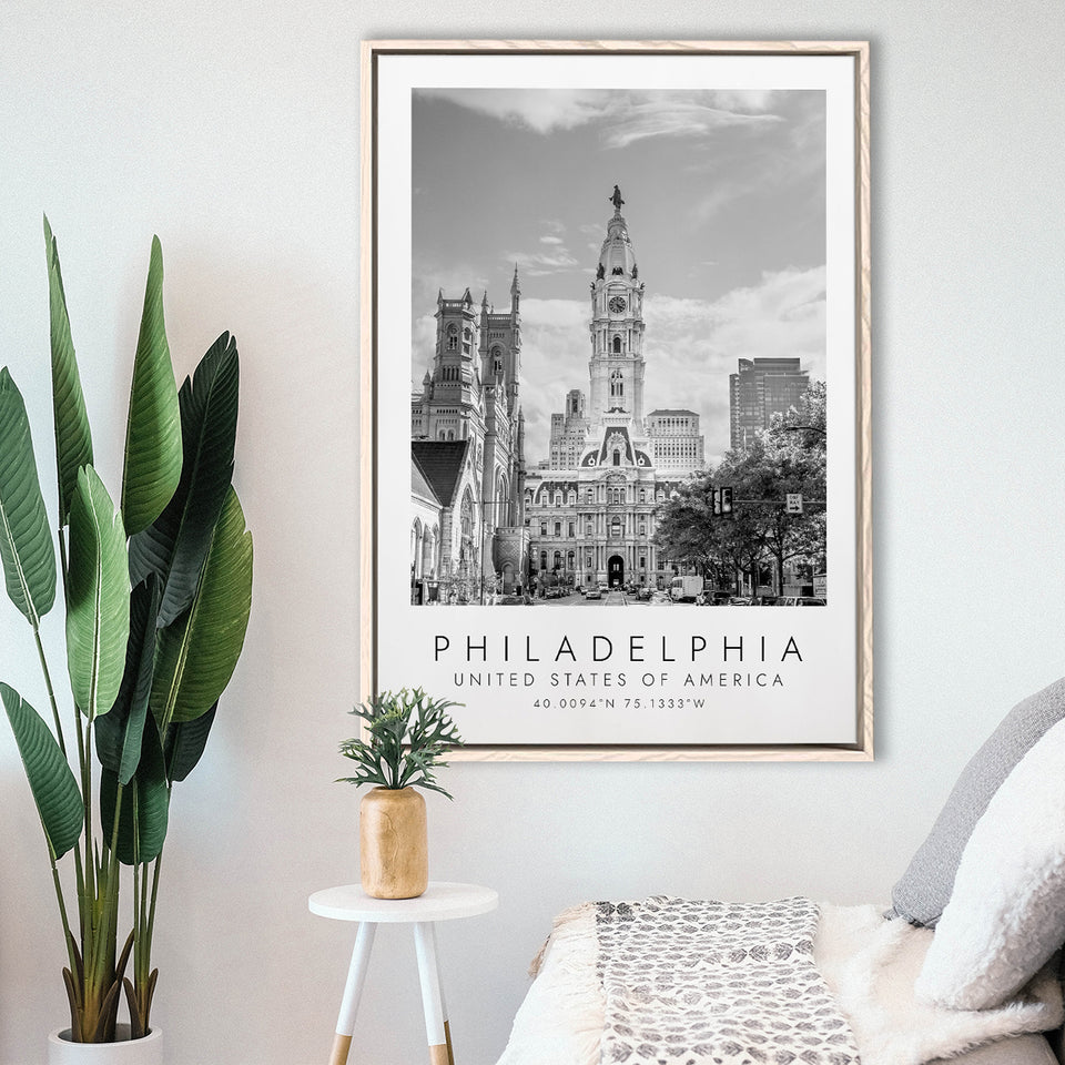 Philadelphia, Usa 1 Black And White Art Framed Canvas Prints Wall Art Home Decor, Floating Frame