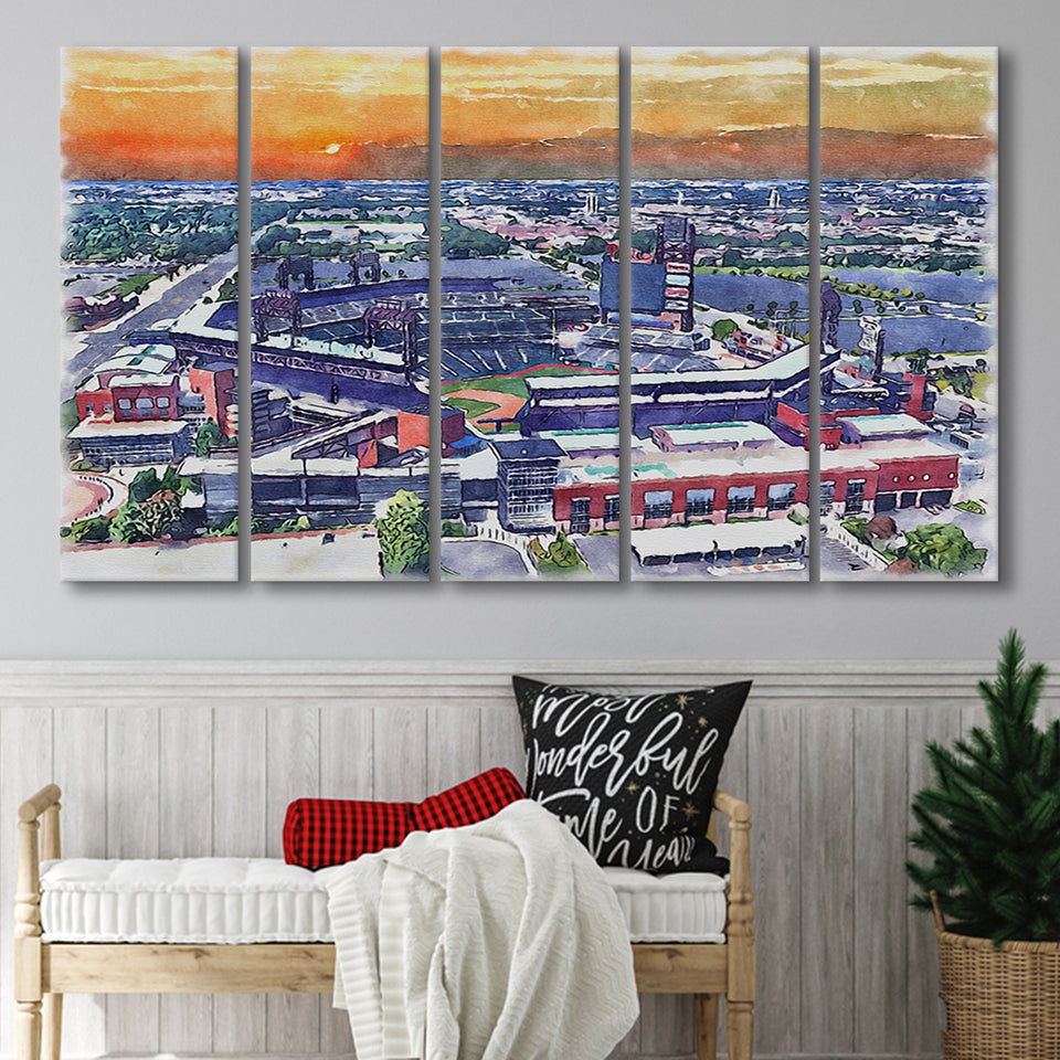Phillies Stadium Watercolor Citizens Bank Stadium, 5 Pieces B, Multi Panel Canvas Prints Wall Art Decor