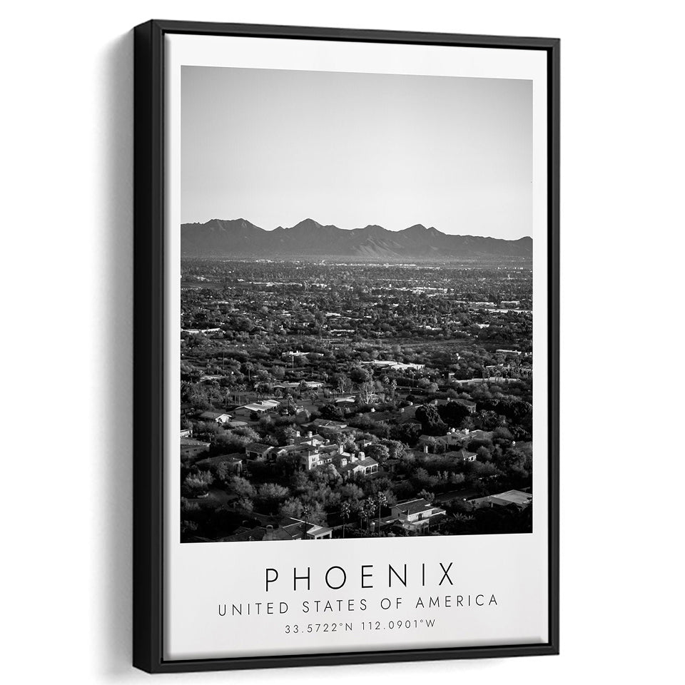 Phoenix, Usa Black And White Art Framed Canvas Prints Wall Art Home Decor, Floating Frame