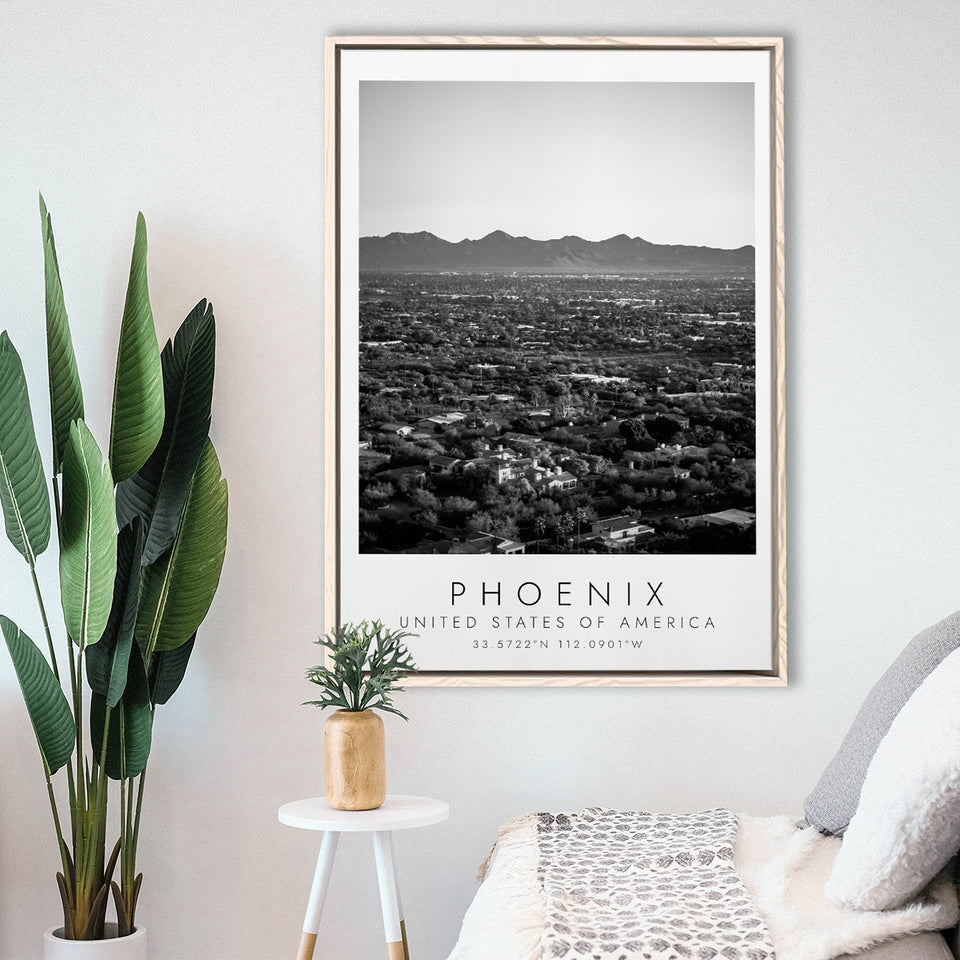 Phoenix, Usa Black And White Art Framed Canvas Prints Wall Art Home Decor, Floating Frame