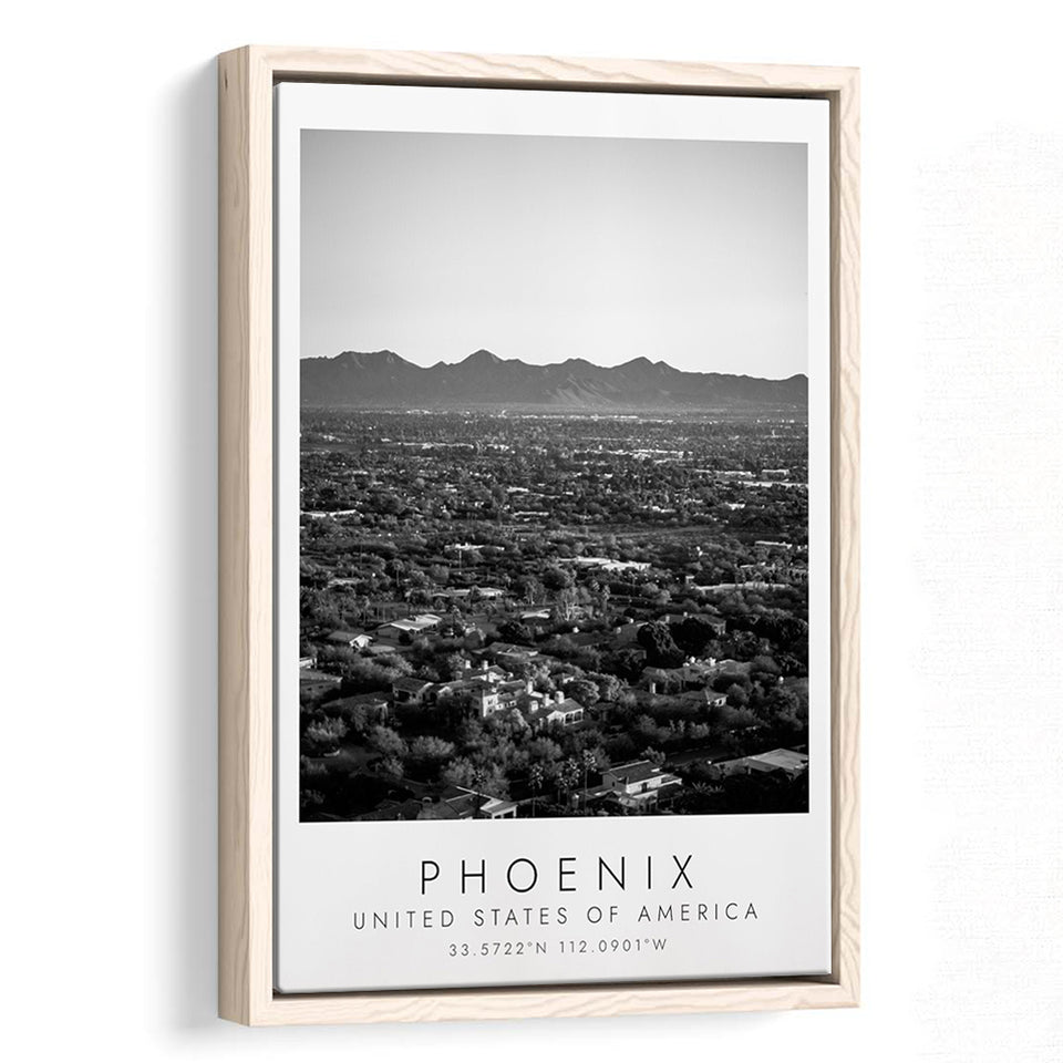 Phoenix, Usa Black And White Art Framed Canvas Prints Wall Art Home Decor, Floating Frame