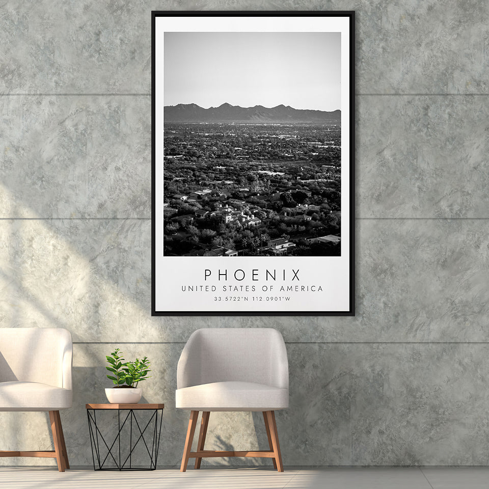 Phoenix, Usa Black And White Art Framed Canvas Prints Wall Art Home Decor, Floating Frame