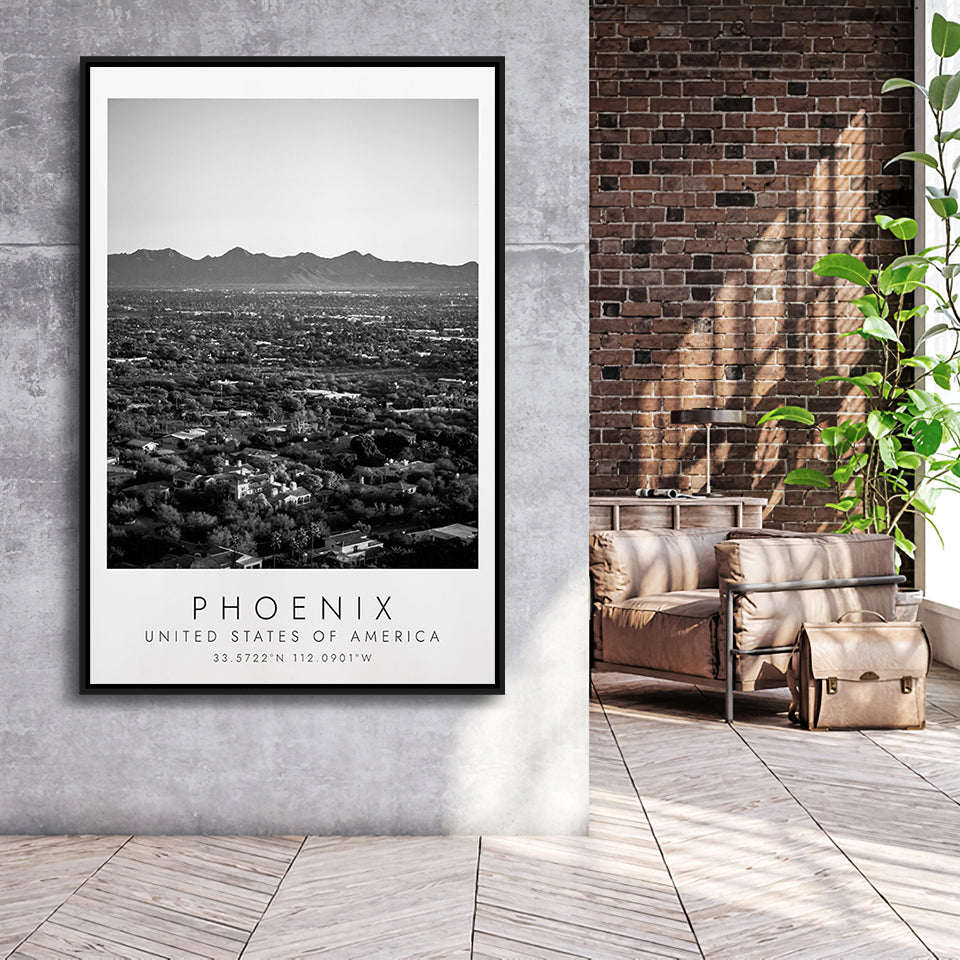 Phoenix, Usa Black And White Art Framed Canvas Prints Wall Art Home Decor, Floating Frame