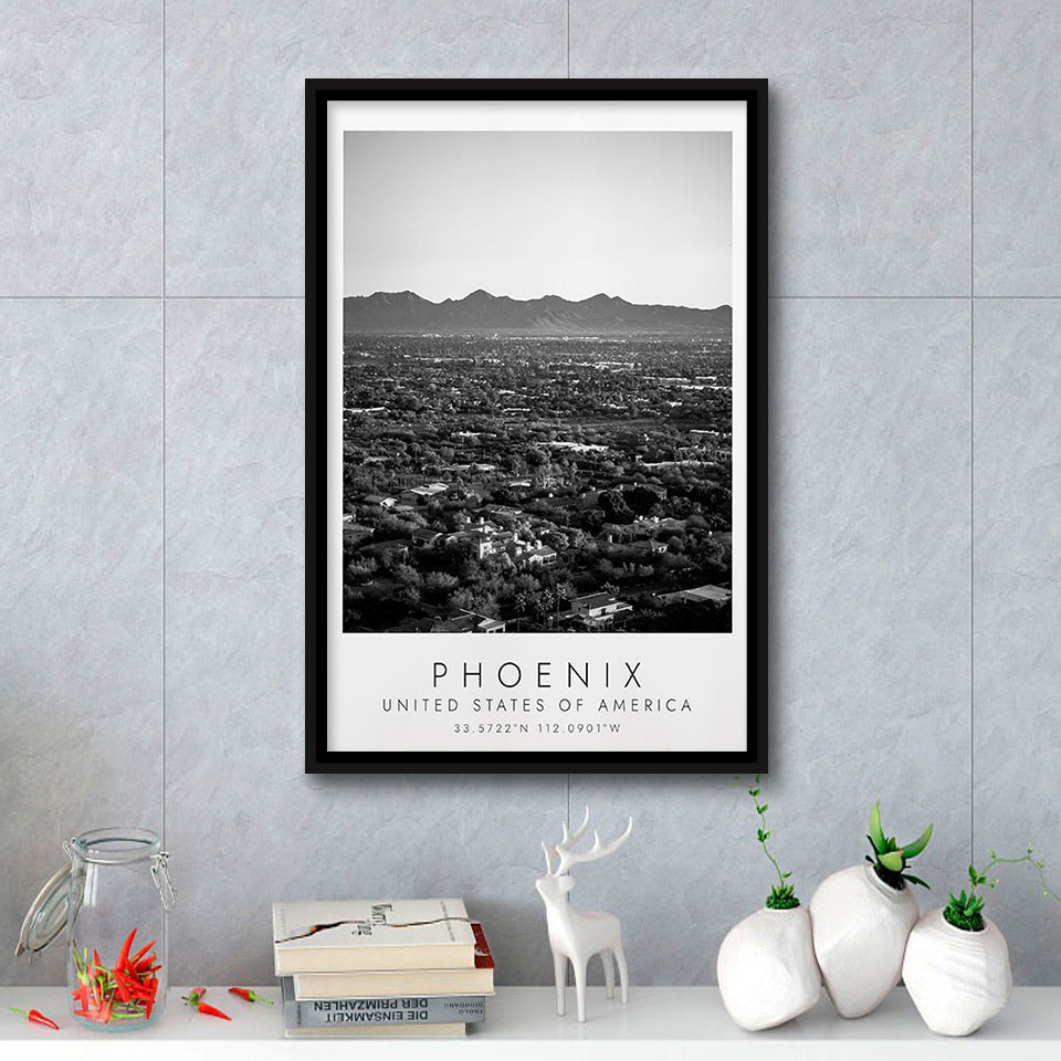 Phoenix, Usa Black And White Art Framed Canvas Prints Wall Art Home Decor, Floating Frame